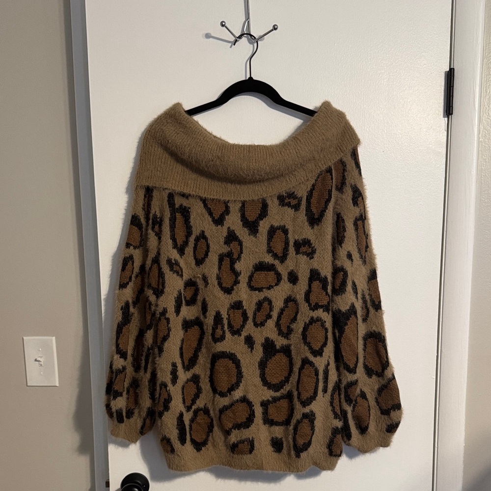 Umgee Brown Leopard Off-Shoulder Sweater